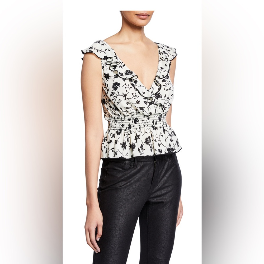 EUC Likely Ruffled Smocked Peplum Blouse in Black and White